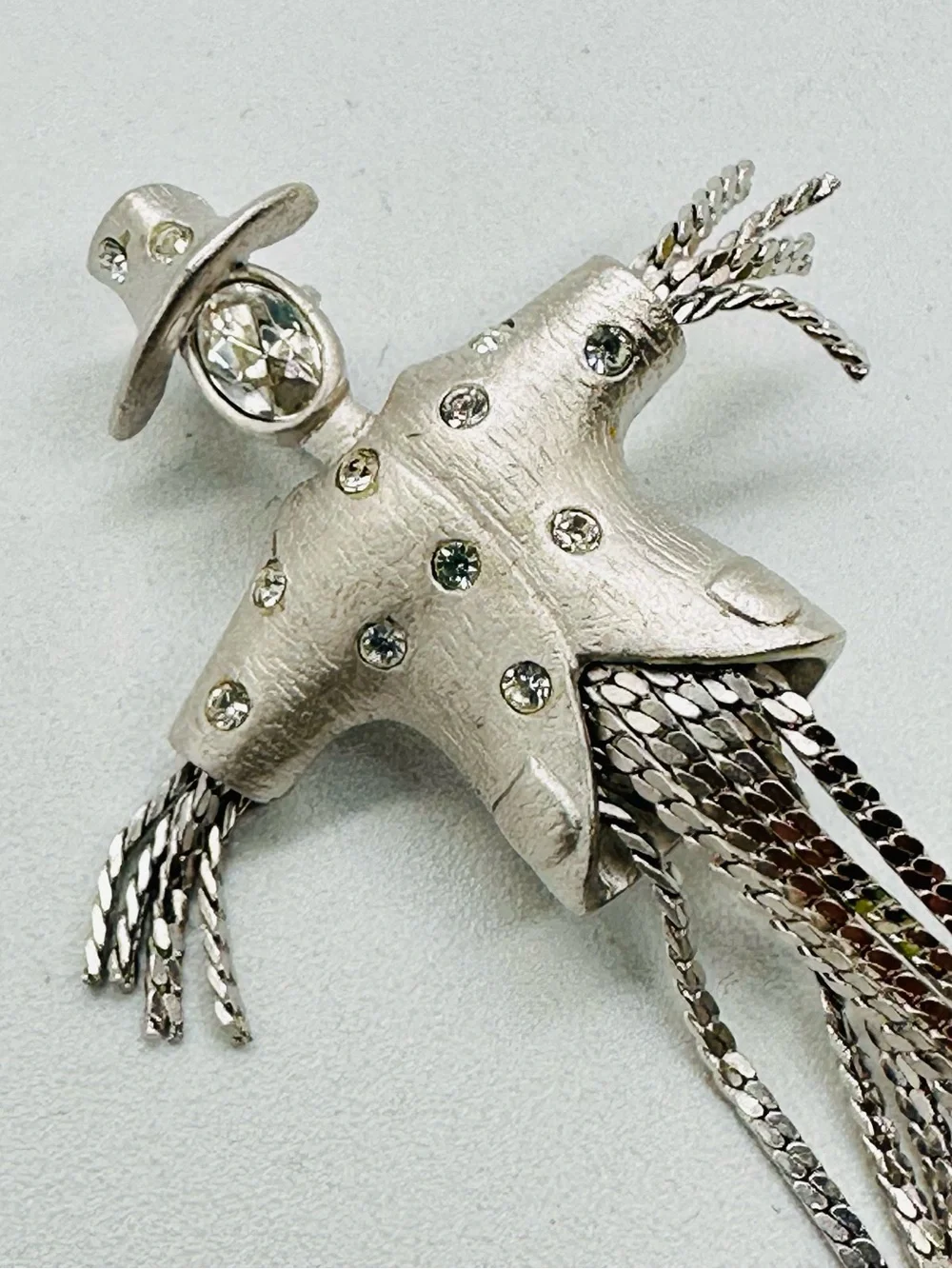 Vintage Silver Tone Rhinestone Scarecrow Brooch Figural Halloween